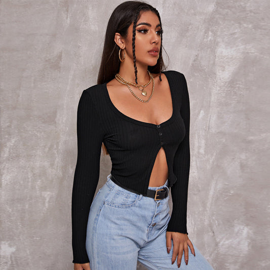 Women’s Sexy Button-Up Knit Crop Top