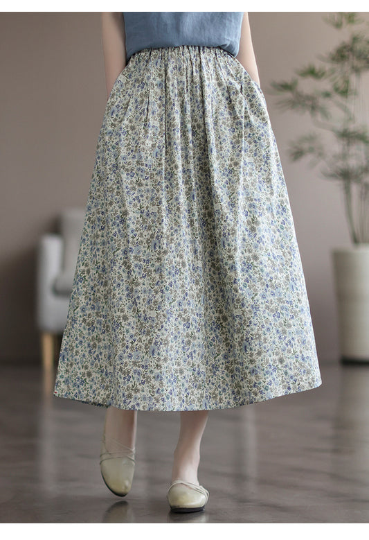 Artistic Floral Washed Cotton Midi Skirt