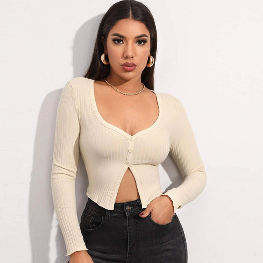 Women’s Sexy Button-Up Knit Crop Top