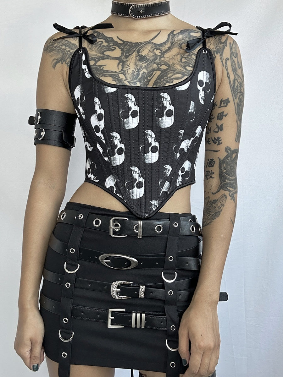 Dark Gothic Punk Skull Print Corset Tie-Up Vest
