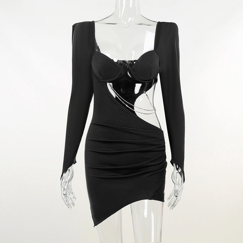 Women’s Waist-Tight Square Collar Long Sleeve Dress Skirt