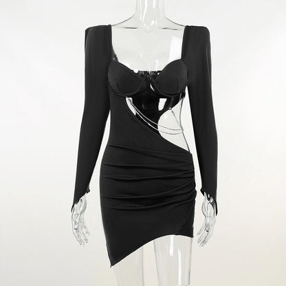 Women’s Waist-Tight Square Collar Long Sleeve Dress Skirt
