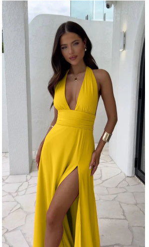 Women’s Sexy Halterneck V-Neck Slit Dress Skirt
