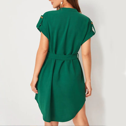 V-neck Short Sleeve Belted Summer Bowknot Dress