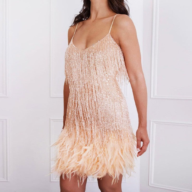 Women’s Sexy Tassel Sequin Feather Mini Dress Skirt
