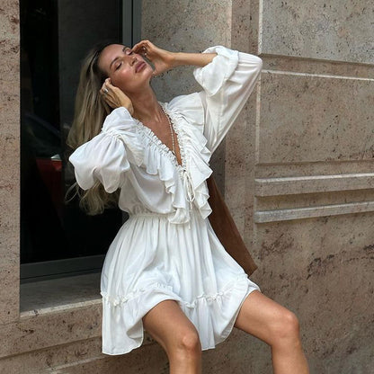 Women’s Y2K-Inspired V-Neck Pleated Ruffle Dress Skirt