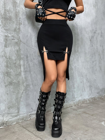Women’s Gothic Split Buckle High-Low Skirt