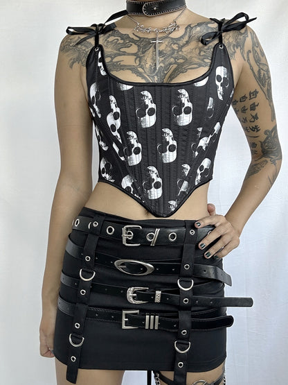Dark Gothic Punk Skull Print Corset Tie-Up Vest