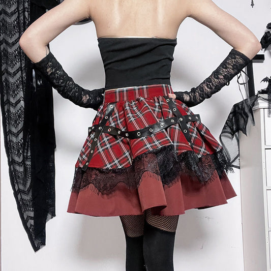 Saibo Punk Goth Lace Stitching A-Line Plaid Bubble Skirt