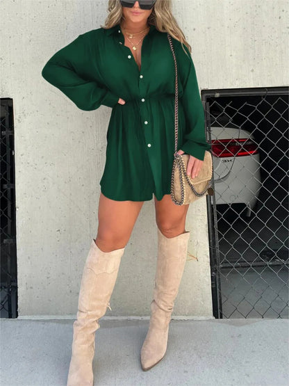 Women’s Long Sleeve Jumpsuit with Buttons — Shirt Dress Style